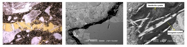 На изображениях под микроскопом - игловидные кристаллы, заполнившие трещину в теле бетона.